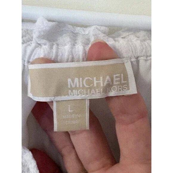 MICHAEL KORS White Cotton Short Sleeve Lace Up Eyelet Peasant Blouse Top L - Picture 7 of 8